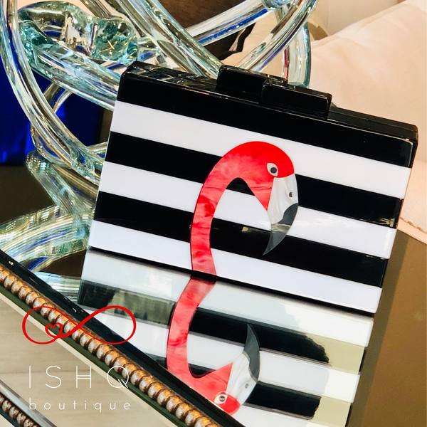 Stella ~ Elegant Black & White Striped Flamingo Clutch - Ishq Boutique